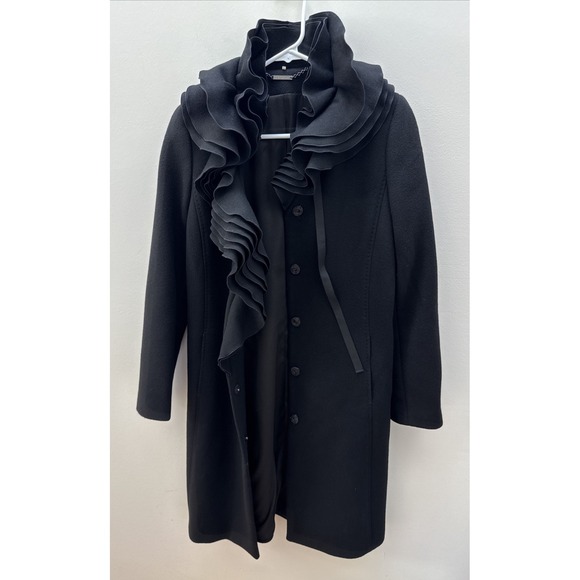 Elie Tahari Woman's Black 100% wool ruffle front Coat Size X-Small - Picture 8 of 16